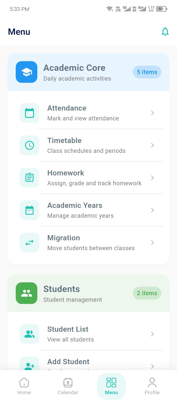 Academic Menu