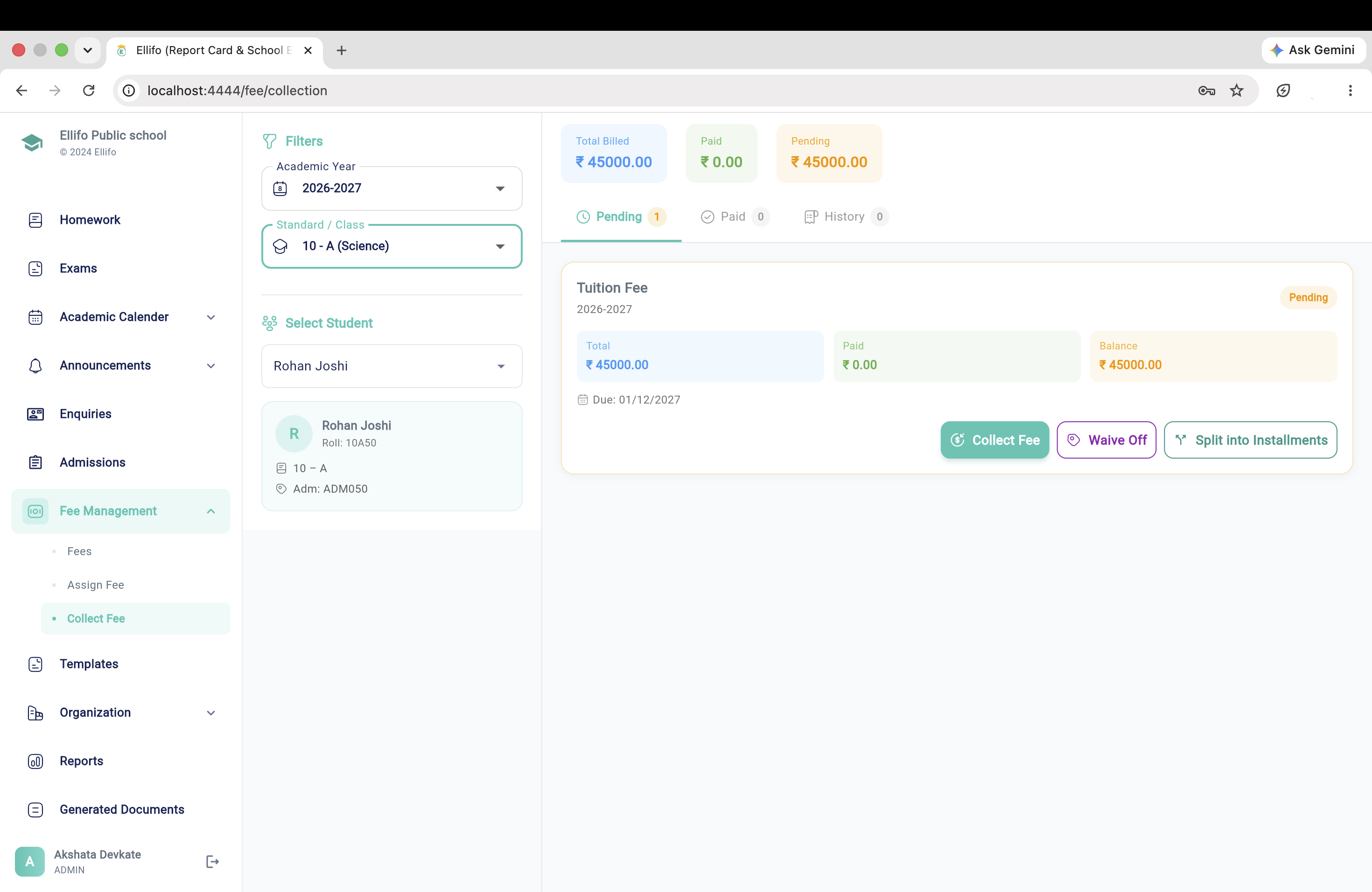 Fee Collection Interface