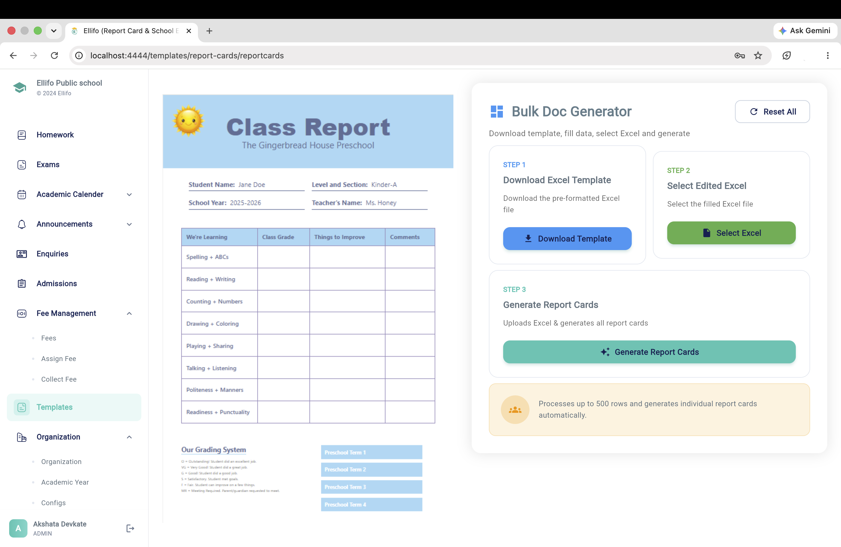 Excel Report Generation Interface